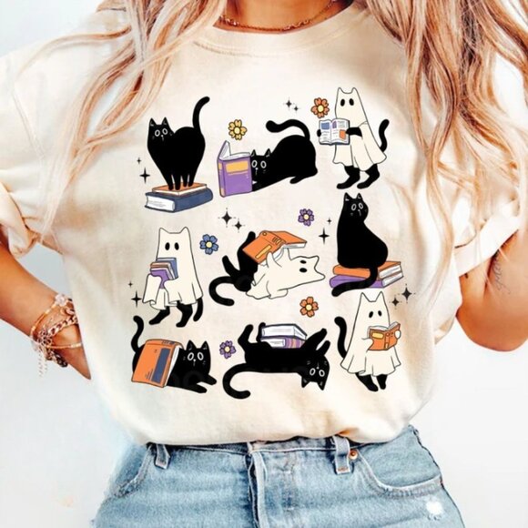 Tops - Halloween Cat Tee, Cat And Book Tee